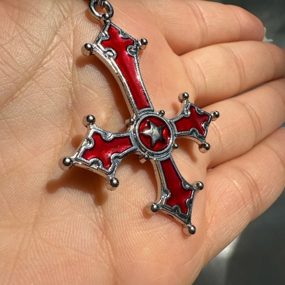 Halloween gothic Red crimson and Silver Cross Pendant Necklace Vintage gothic - Picture 6 of 10